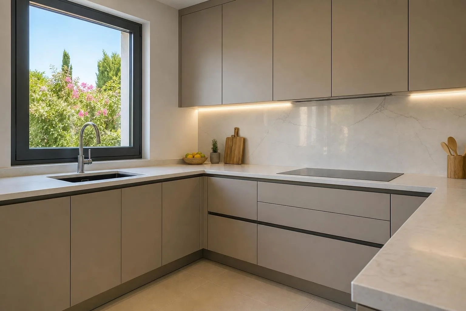 Cocina moderna recién terminada con encimera de cuarzo